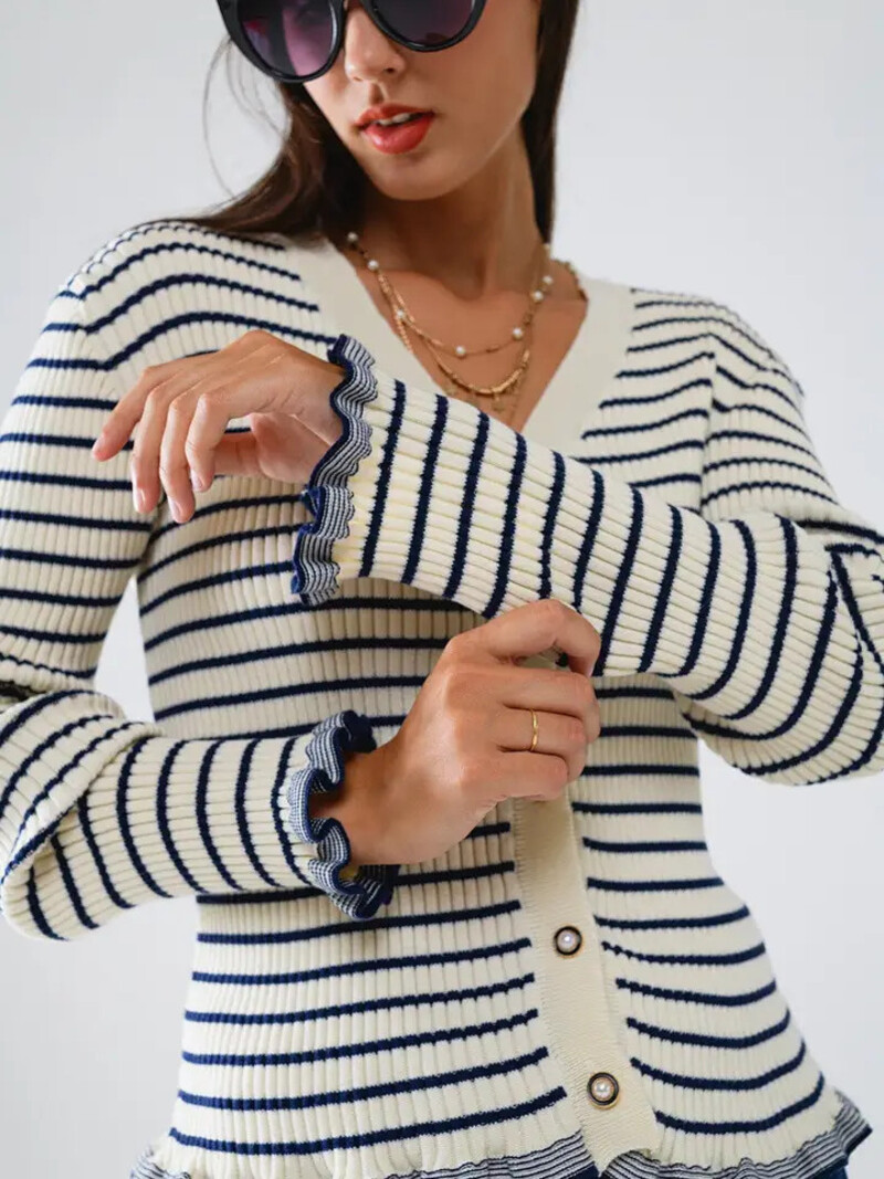 Striped Cardigan w/Ruffle Trim