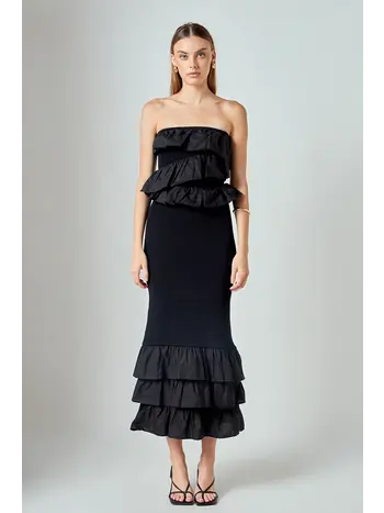 Endless Rose Mixed Media Strapless Fitted Maxi Dress
