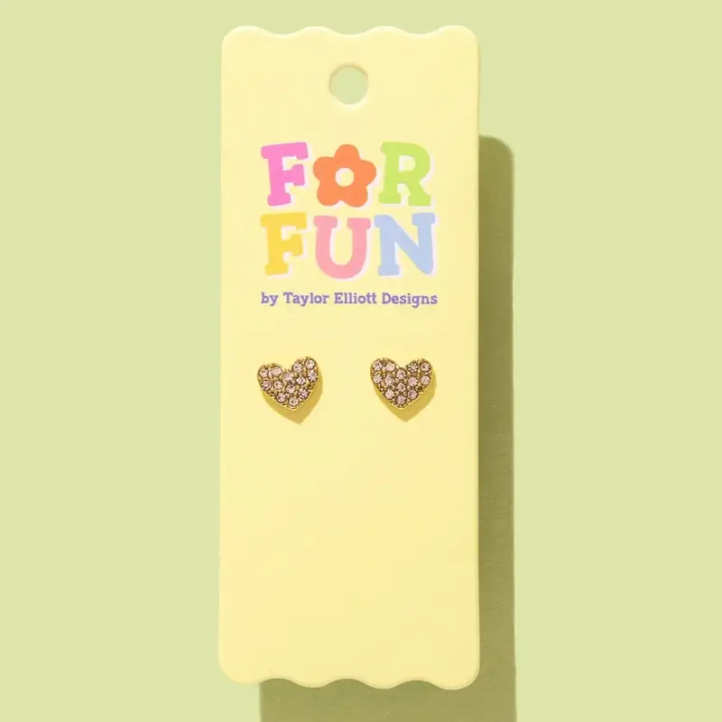 Taylor Elliott Designs For Fun Stud Earrings-Crystal + Gold Hearts