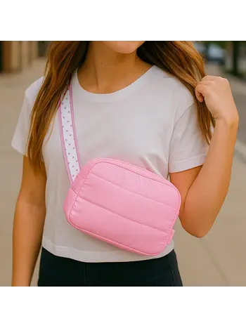 Pink Puffer Belt Bag w/Heart Stripe Strap