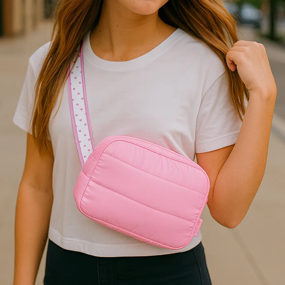 Pink Puffer Belt Bag w/Heart Stripe Strap