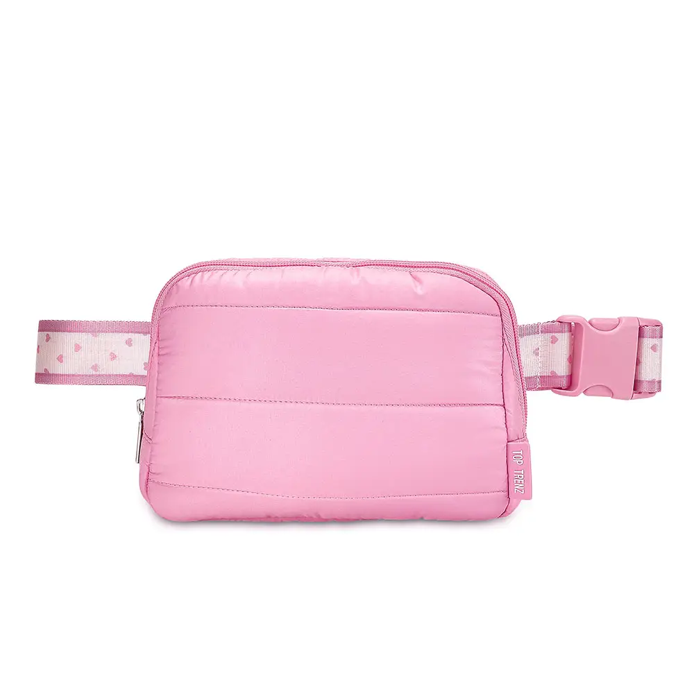 Pink Puffer Belt Bag w/Heart Stripe Strap