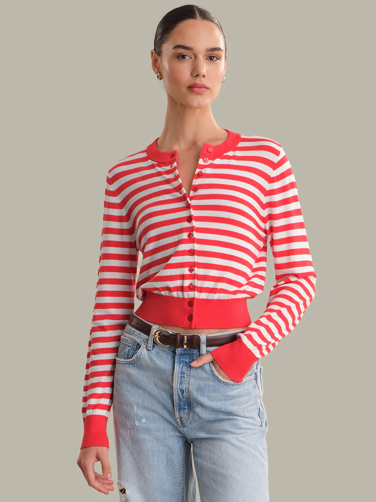 525 Sweaters Striped Long Sleeve Button Down Crewneck Cardi