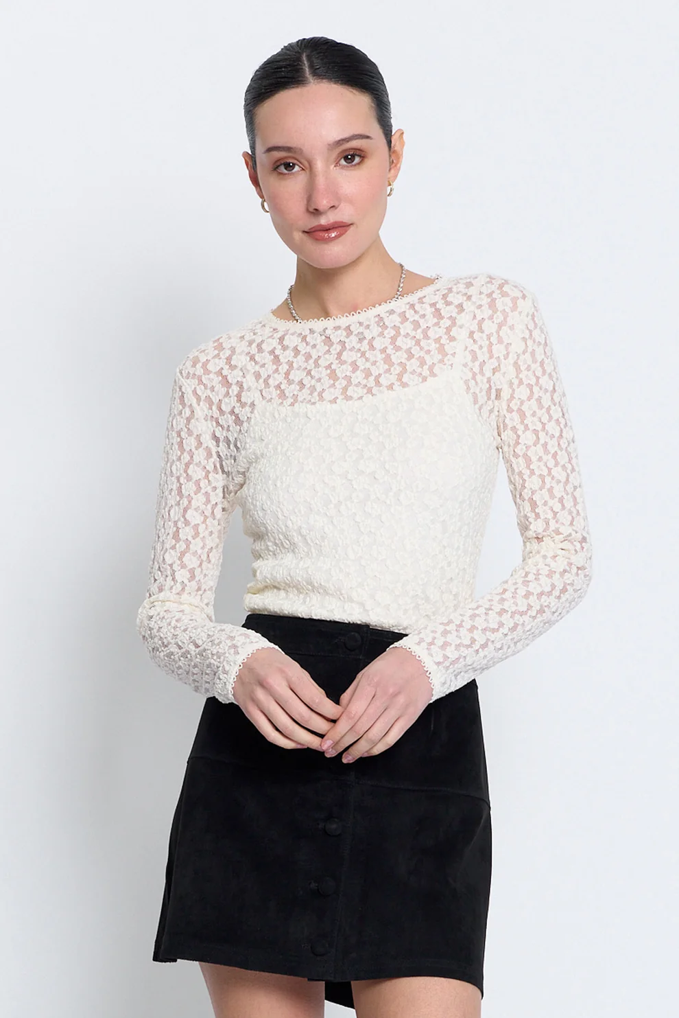 Central Park West Scarlet Stretch Lace Crewneck