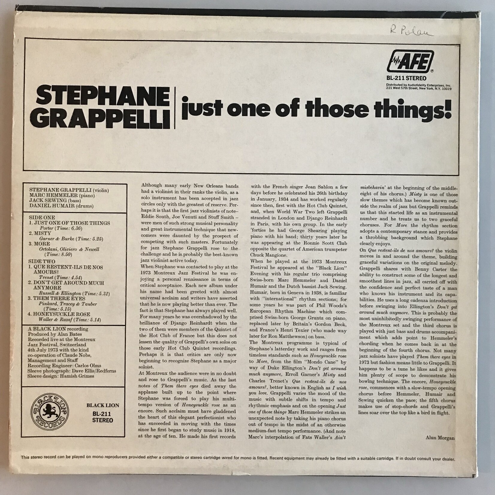Stephane Grappelli - Just One Of Those Things!  - Vinyl LP (USED)