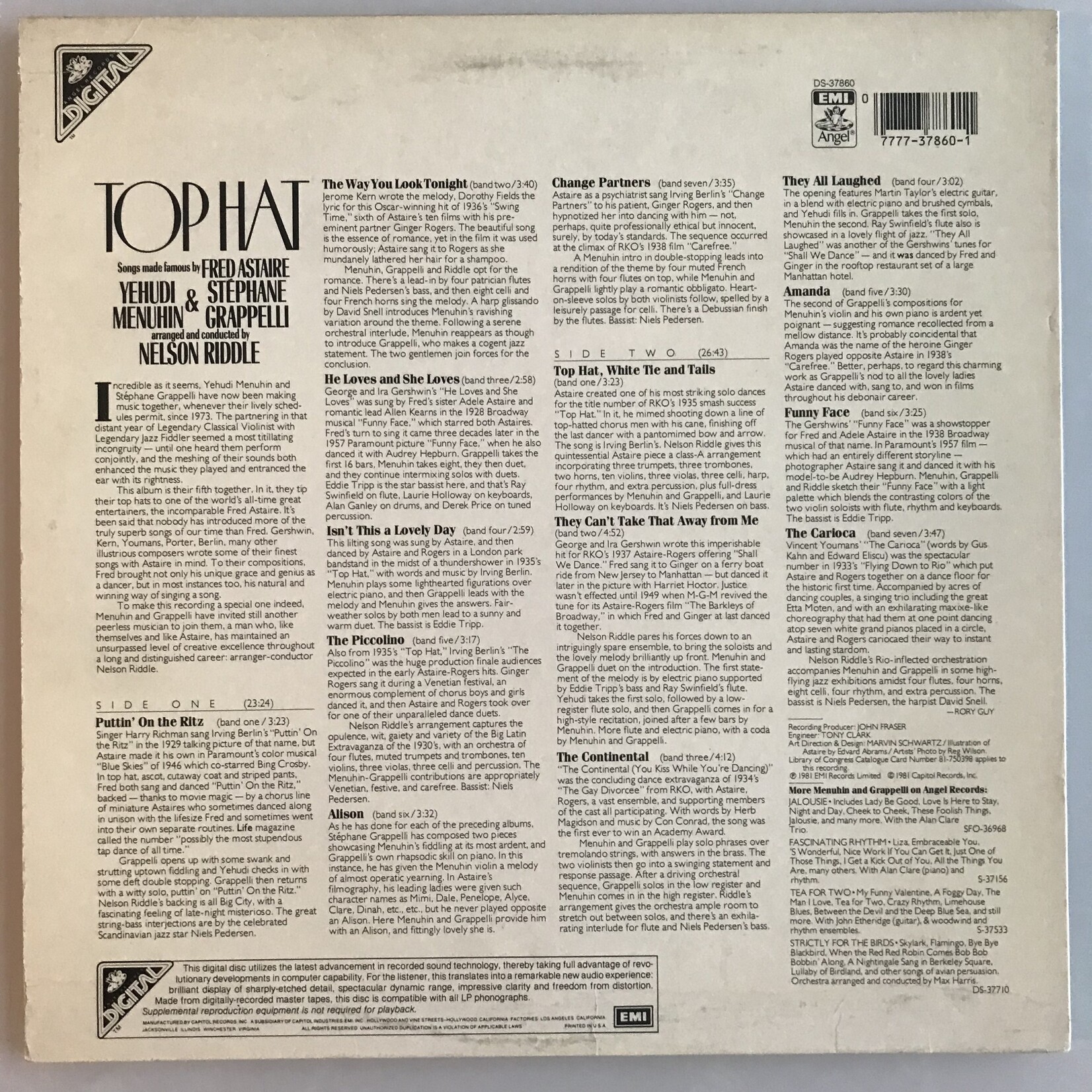 Yehudi Menuhin, Stephane Grappelli - Top Hat: Songs Made Famous By Fred Astaire  - Vinyl LP (USED)