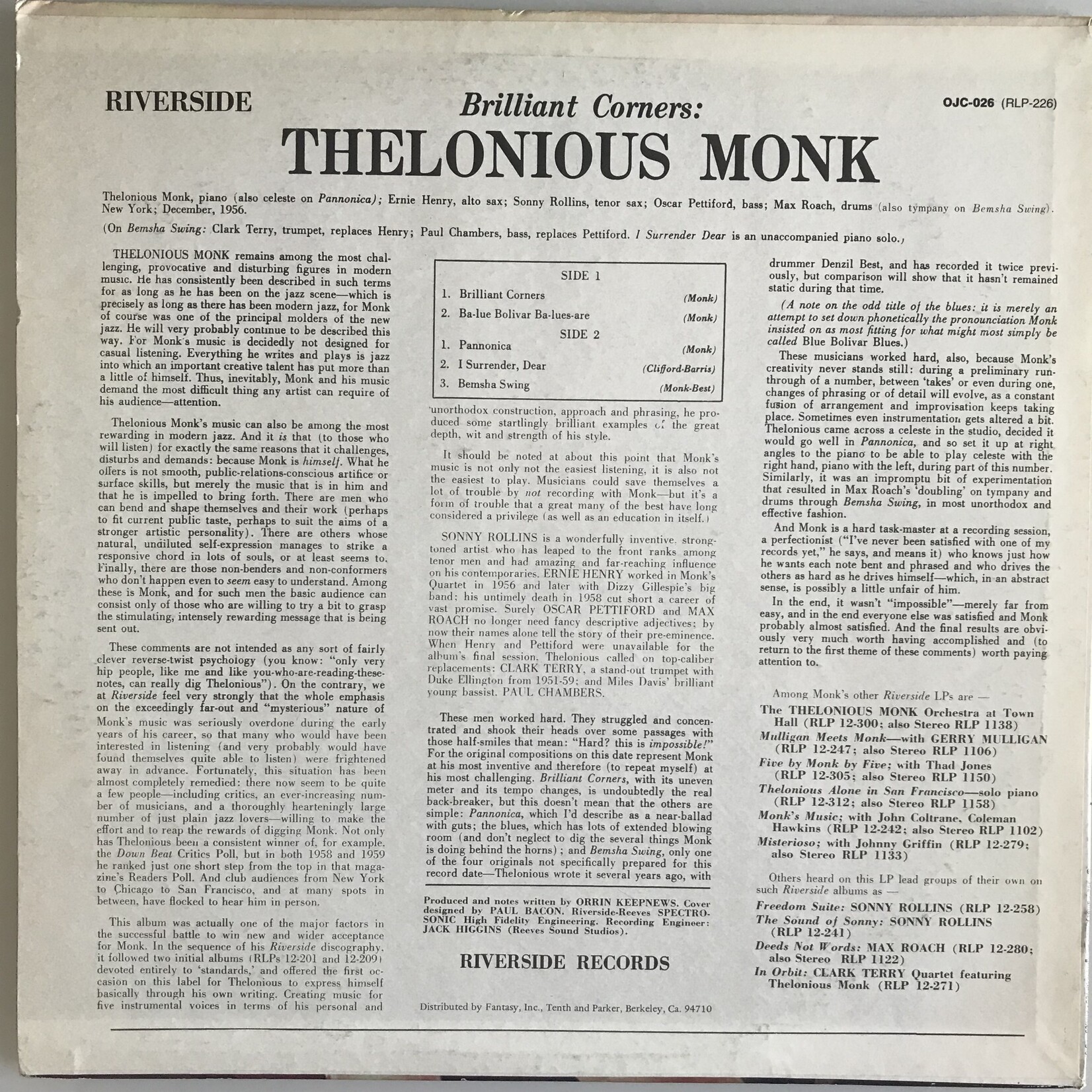 Thelonious Monk - Brilliant Corners - Vinyl LP (USED)