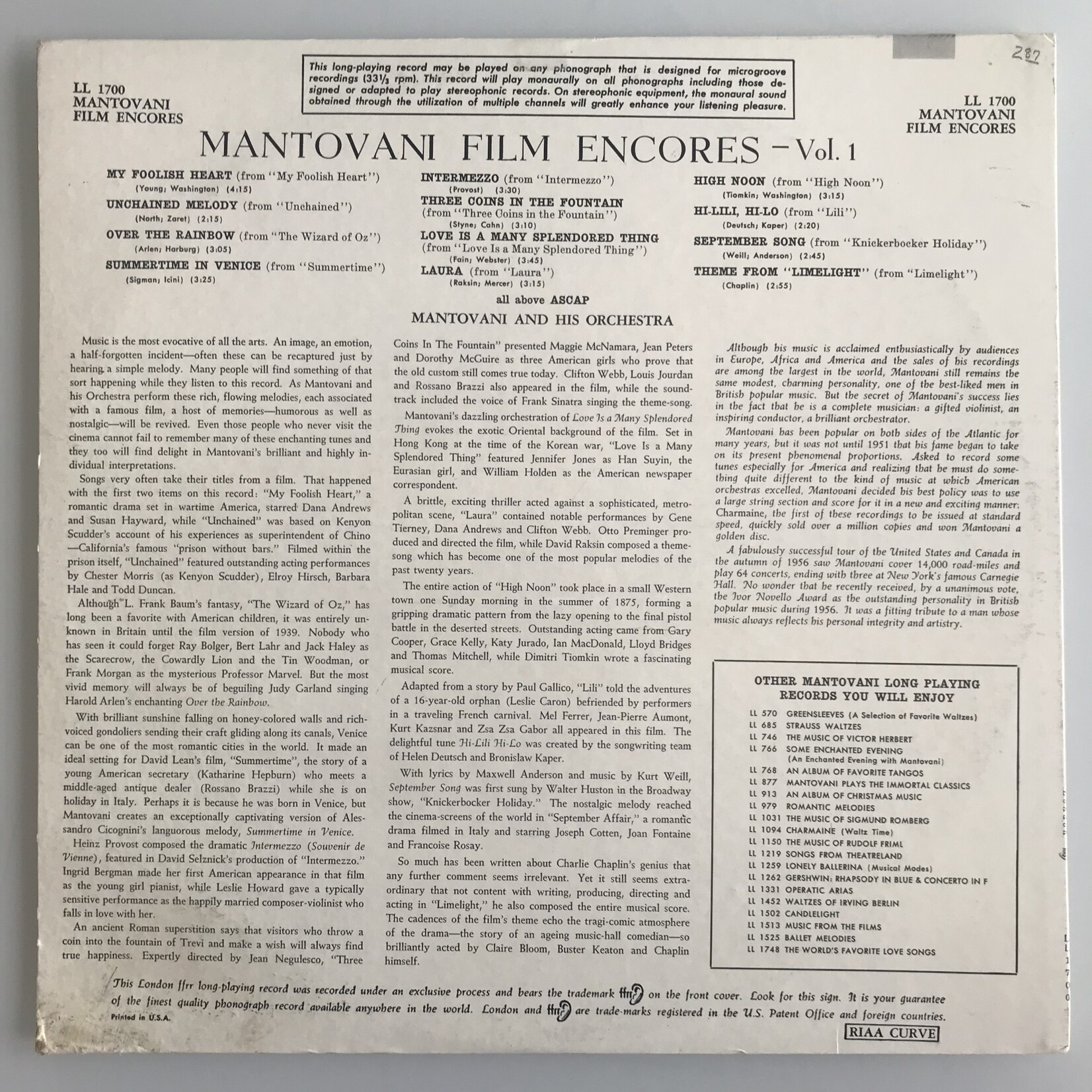 Mantovani - Film Encores Volume  1 - Vinyl LP (USED)