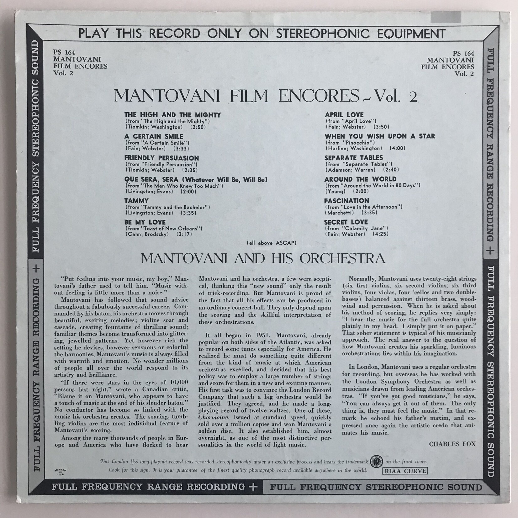 Mantovani - Film Encores Volume  2 - Vinyl LP (USED)