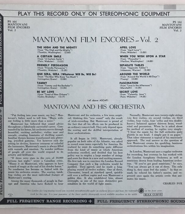 Mantovani - Film Encores Volume  2 - Vinyl LP (USED)