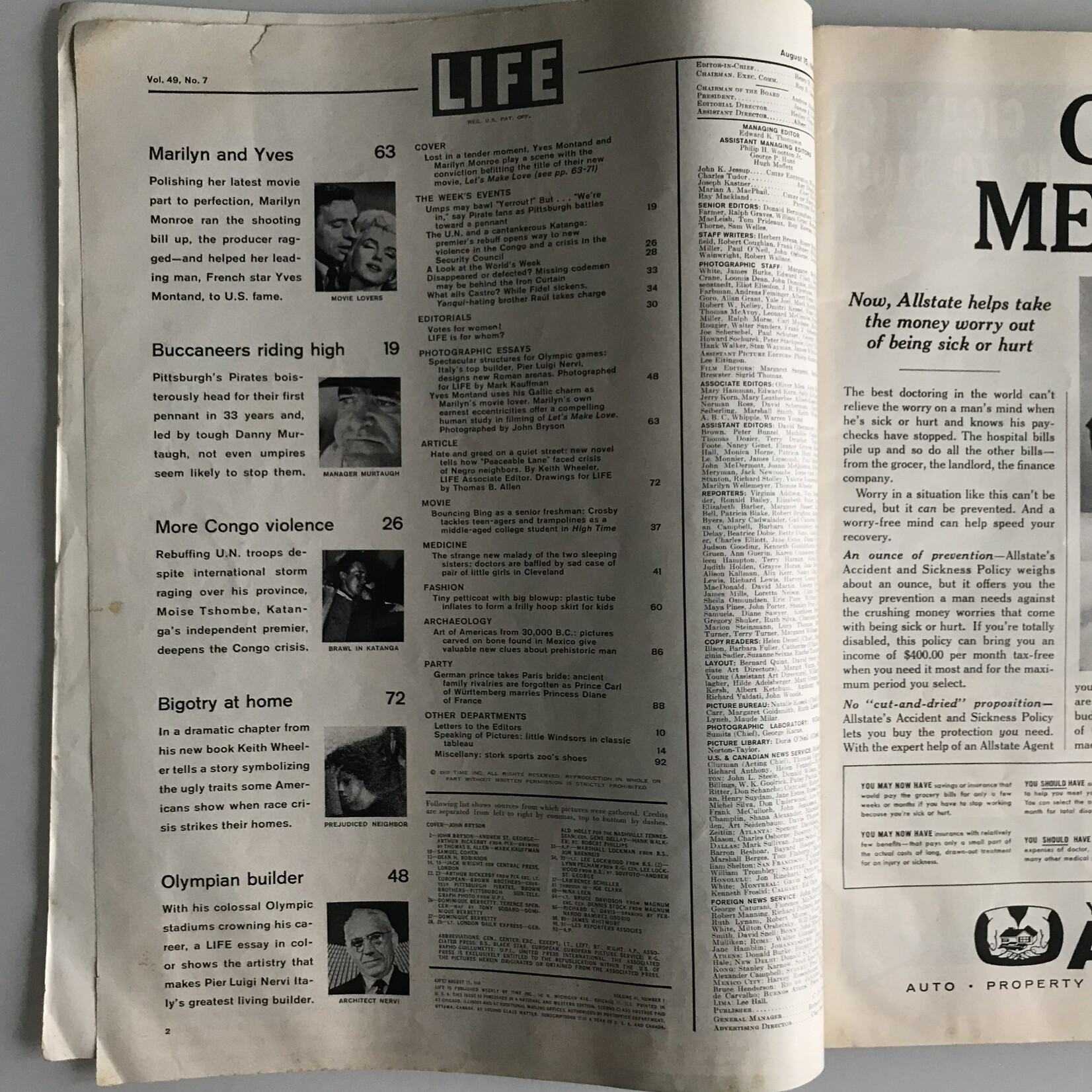 LIFE - 1960-08-15, Marilyn Monroe, Yves Montand - Magazine (USED)