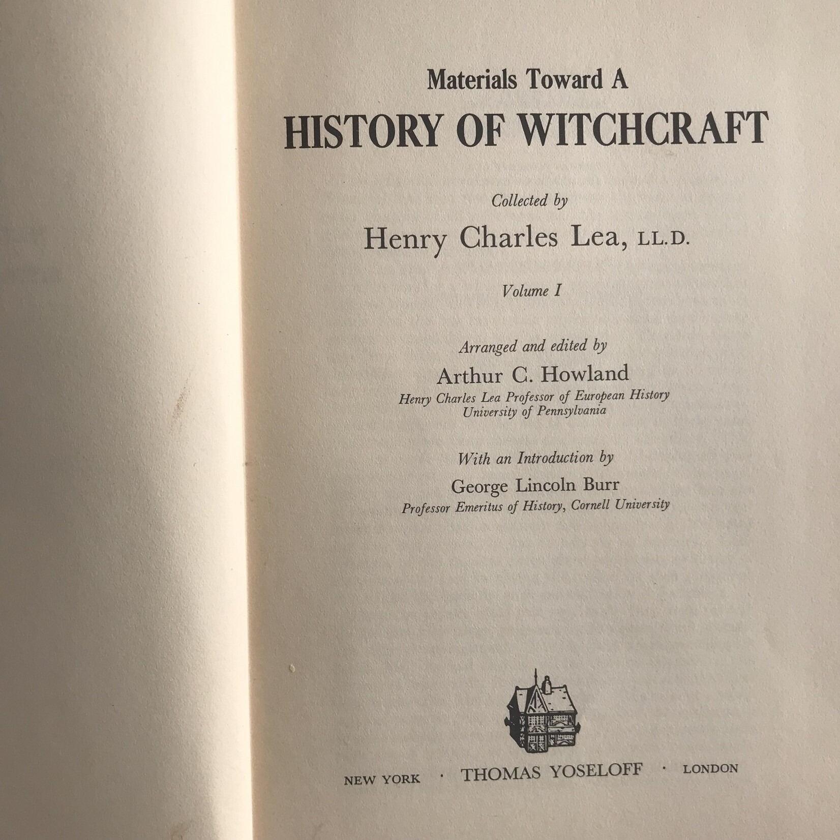 Henry Charles Lea - Materials Toward A History Of Witchcraft Vol. 1 - Hardback (USED)