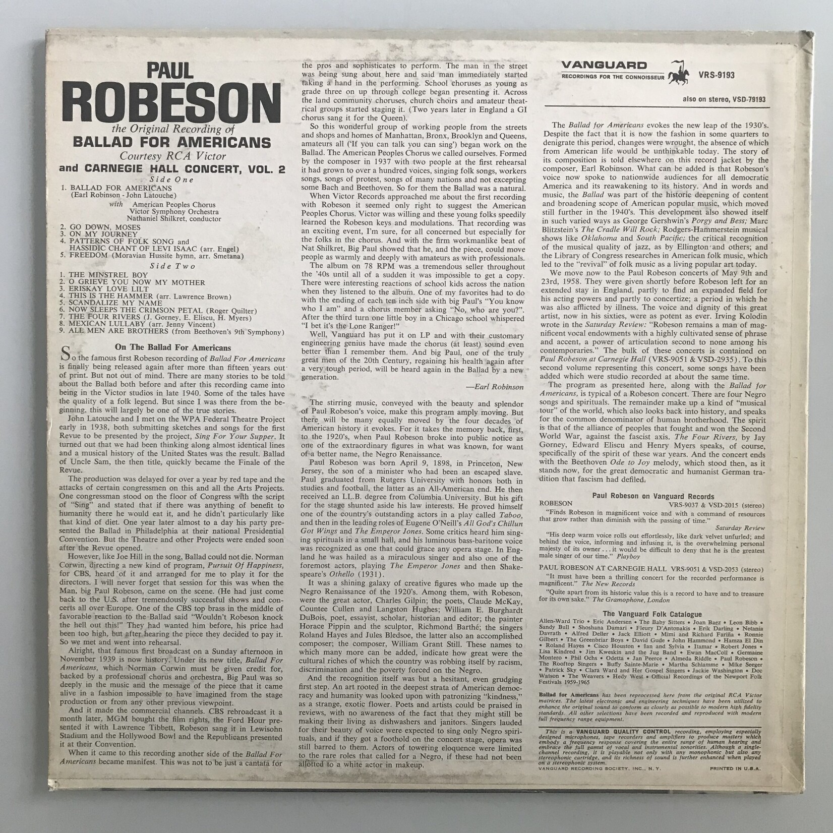 Paul Robeson - Sings Ballad For Americans & Carnegie Hall Concert, Vol. 2 - Vinyl LP (USED)