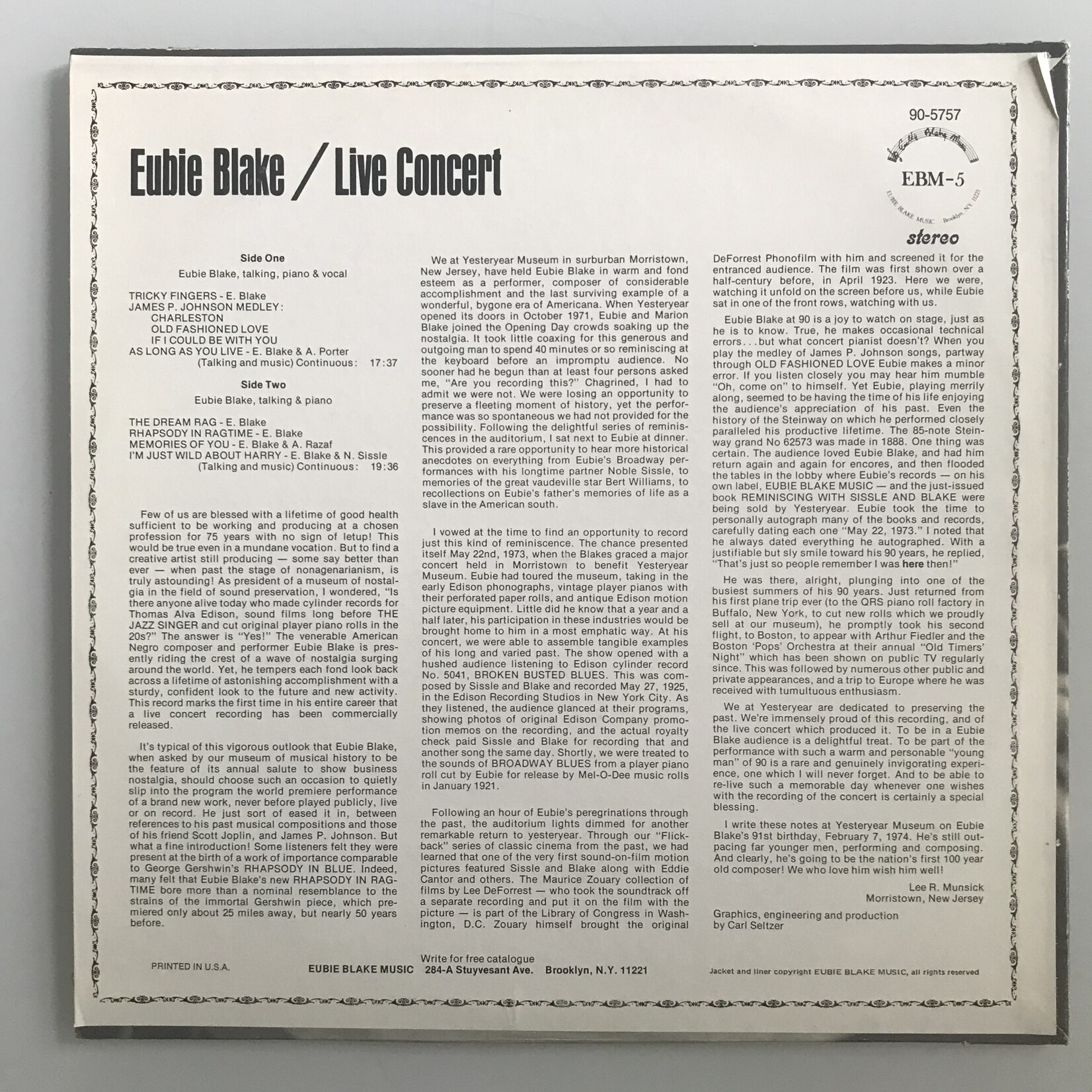 Eubie Blake - Live Concert - Vinyl LP (USED)