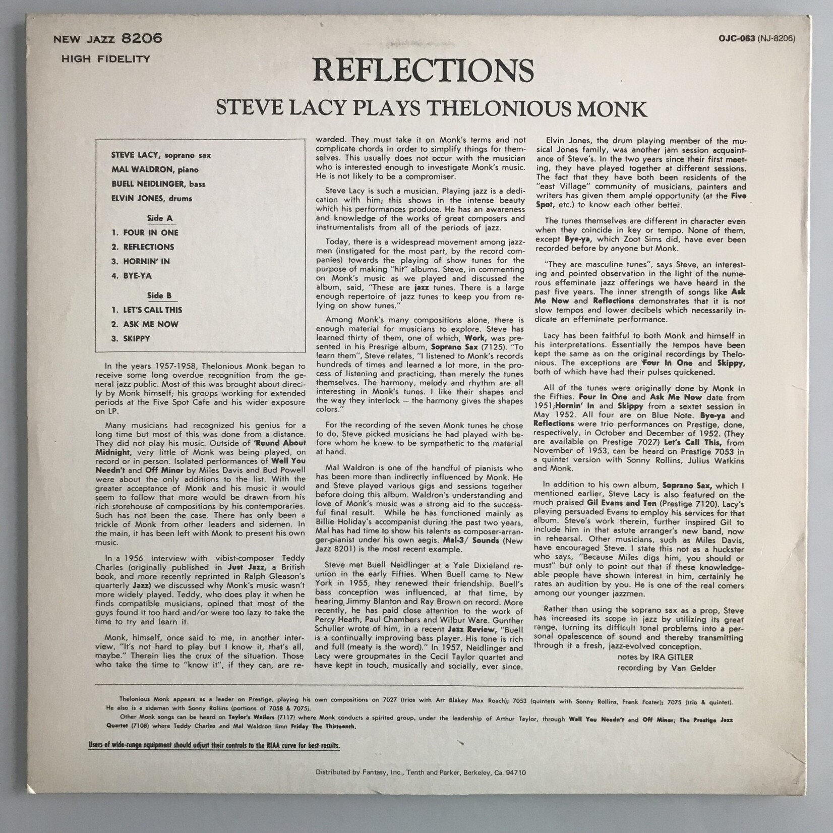 Steve Lacy - Plays Thelonious Monk - Vinyl LP (USED)