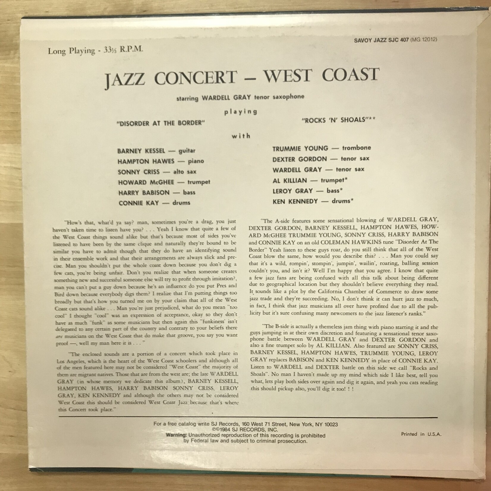 Wardell Gray - Jazz Concert West Coast - MG 12012 (1985) - Vinyl LP (USED)
