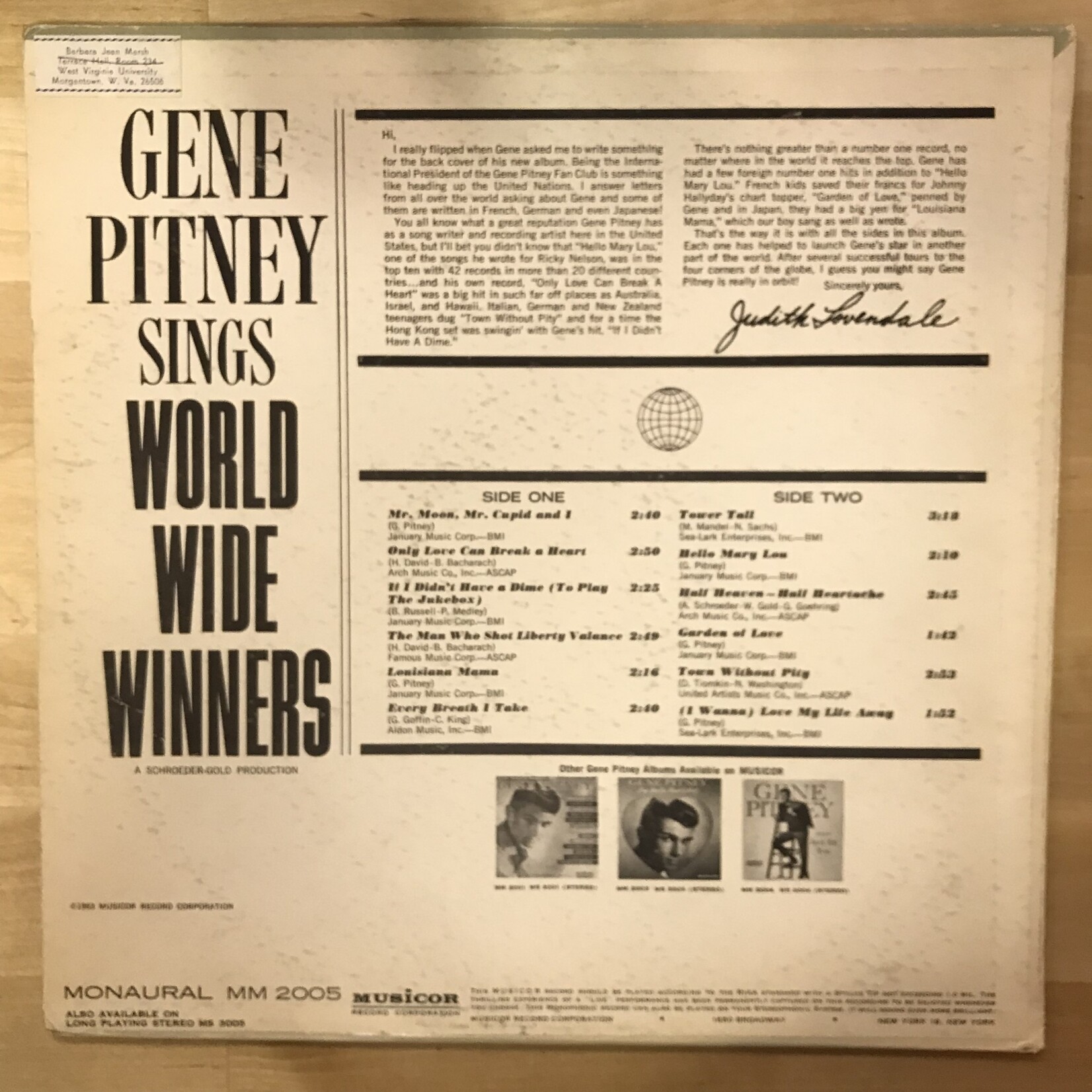 Gene Pitney - Sings World Wide Winners - MM2005 - Vinyl LP (USED)
