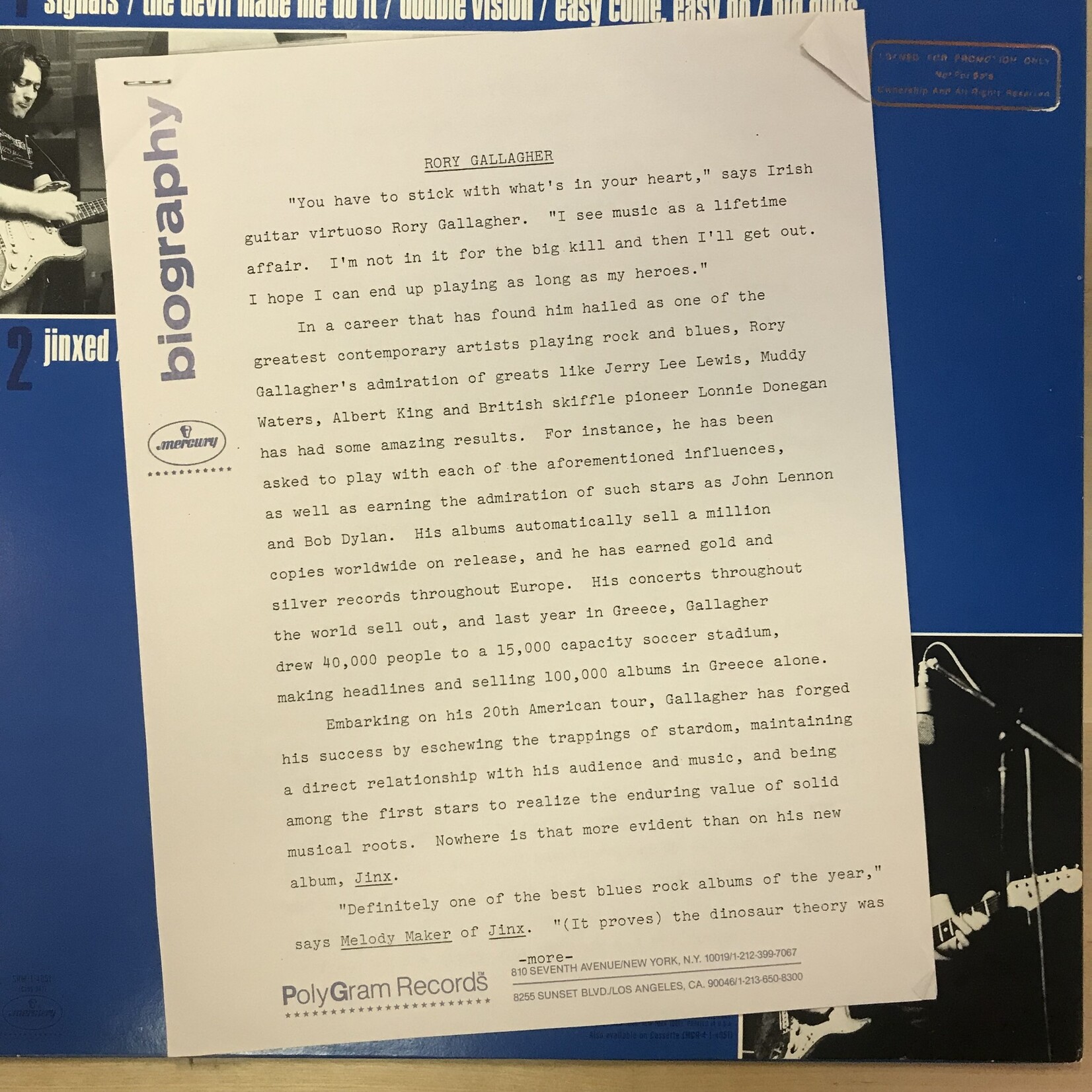 Rory Gallagher - Jinx (PROMO) - SRM 1 4051 - Vinyl LP w/ Photo & Bio (USED)