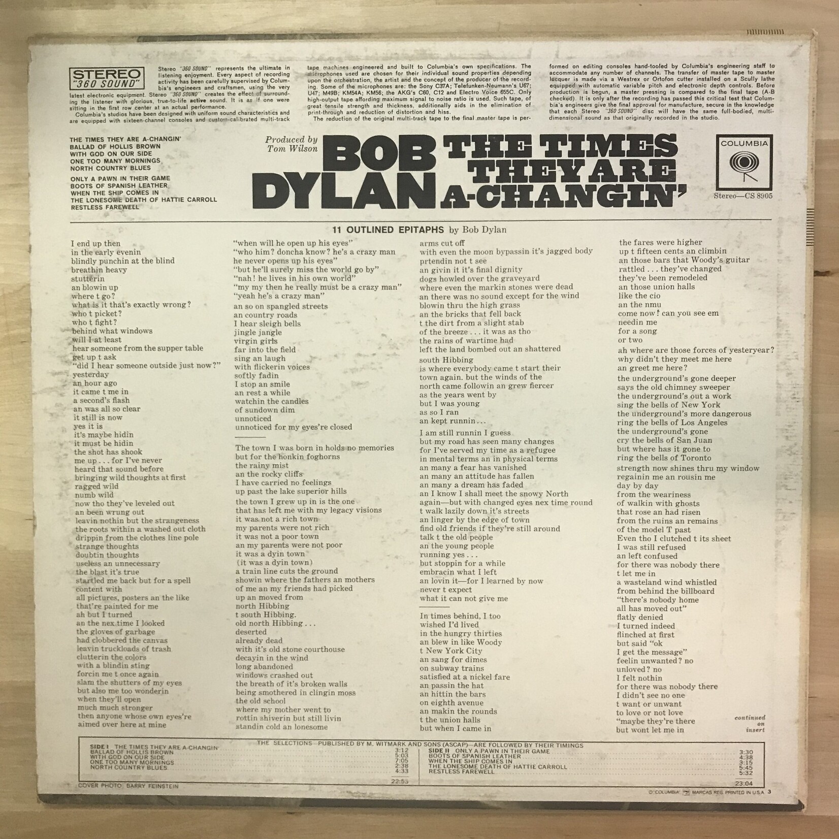 Bob Dylan - The Times They Are A-Changin’ - CS8905 - Vinyl LP (USED)