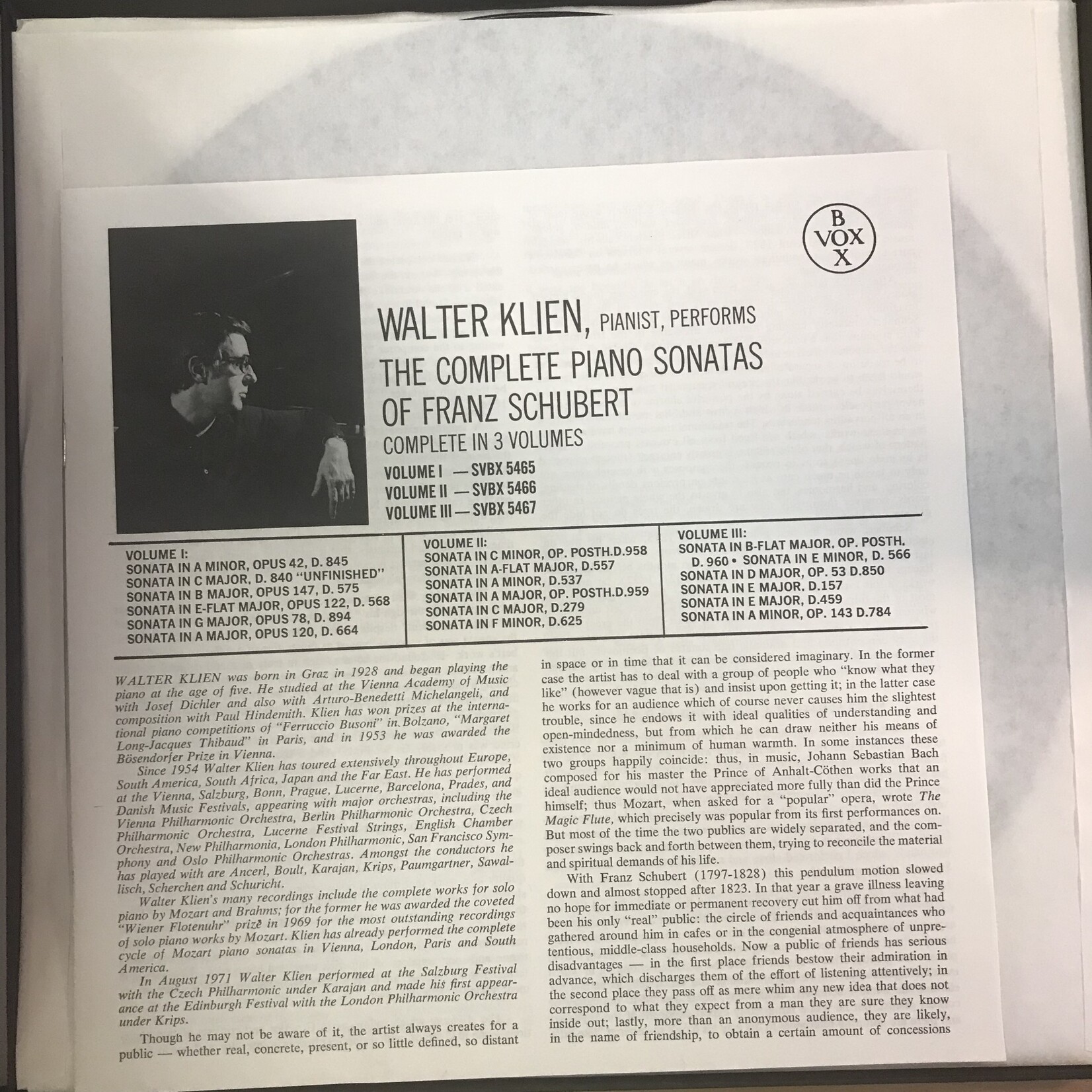 Walter Klien - Schubert: Piano Sonatas Volume 1 - SVBX 5465 - Vinyl LP (USED)