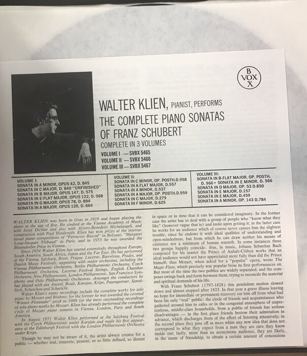 Walter Klien - Schubert: Piano Sonatas Volume 1 - SVBX 5465 - Vinyl LP (USED)