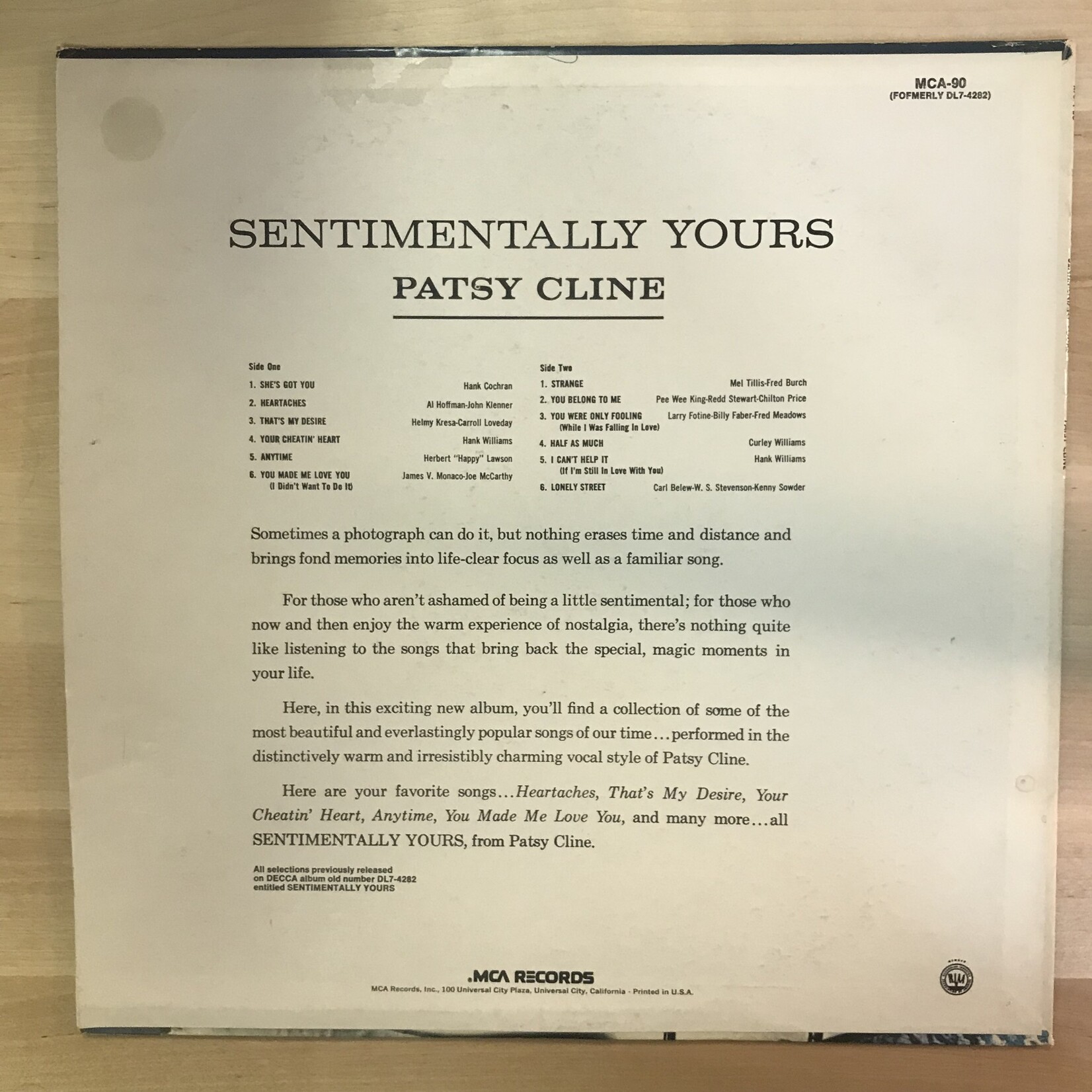 Patsy Cline - Sentimentally Yours - MCA90 - Vinyl LP (USED - RE)