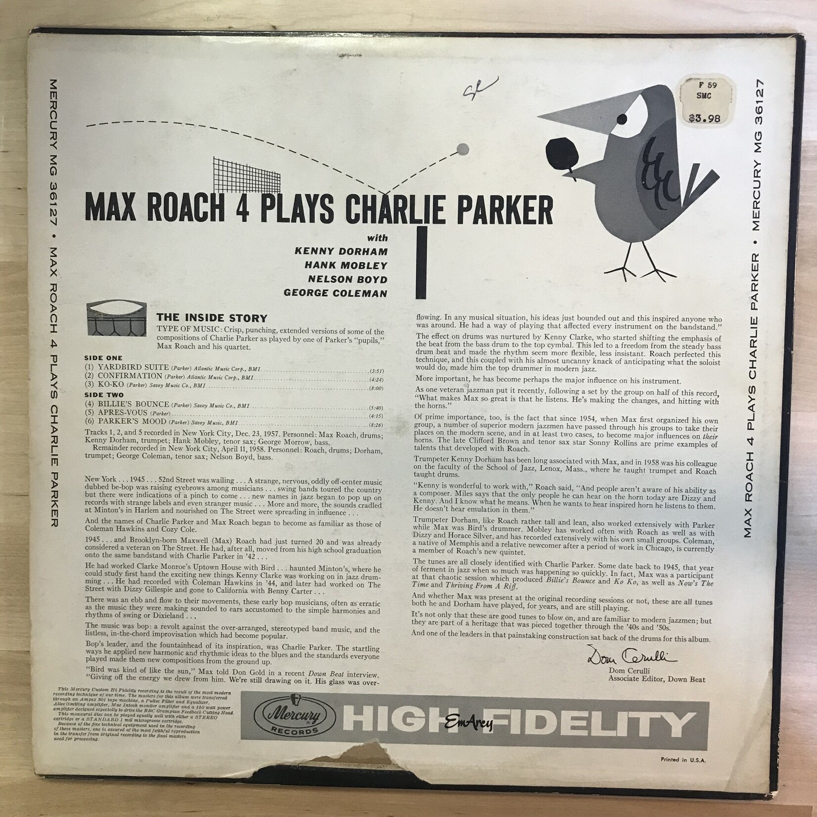 Max Roach - The Max Roach 4 Plays Charlie Parker - MG36127 - Vinyl LP (USED)