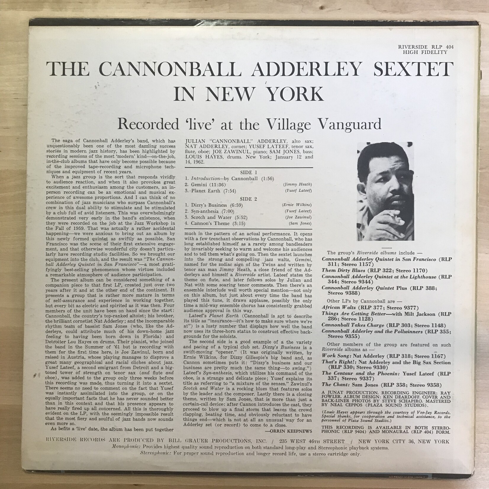 Cannonball Adderley - Cannonball Adderley Sextet In New York - RLP9404 - Vinyl LP (USED - RE)