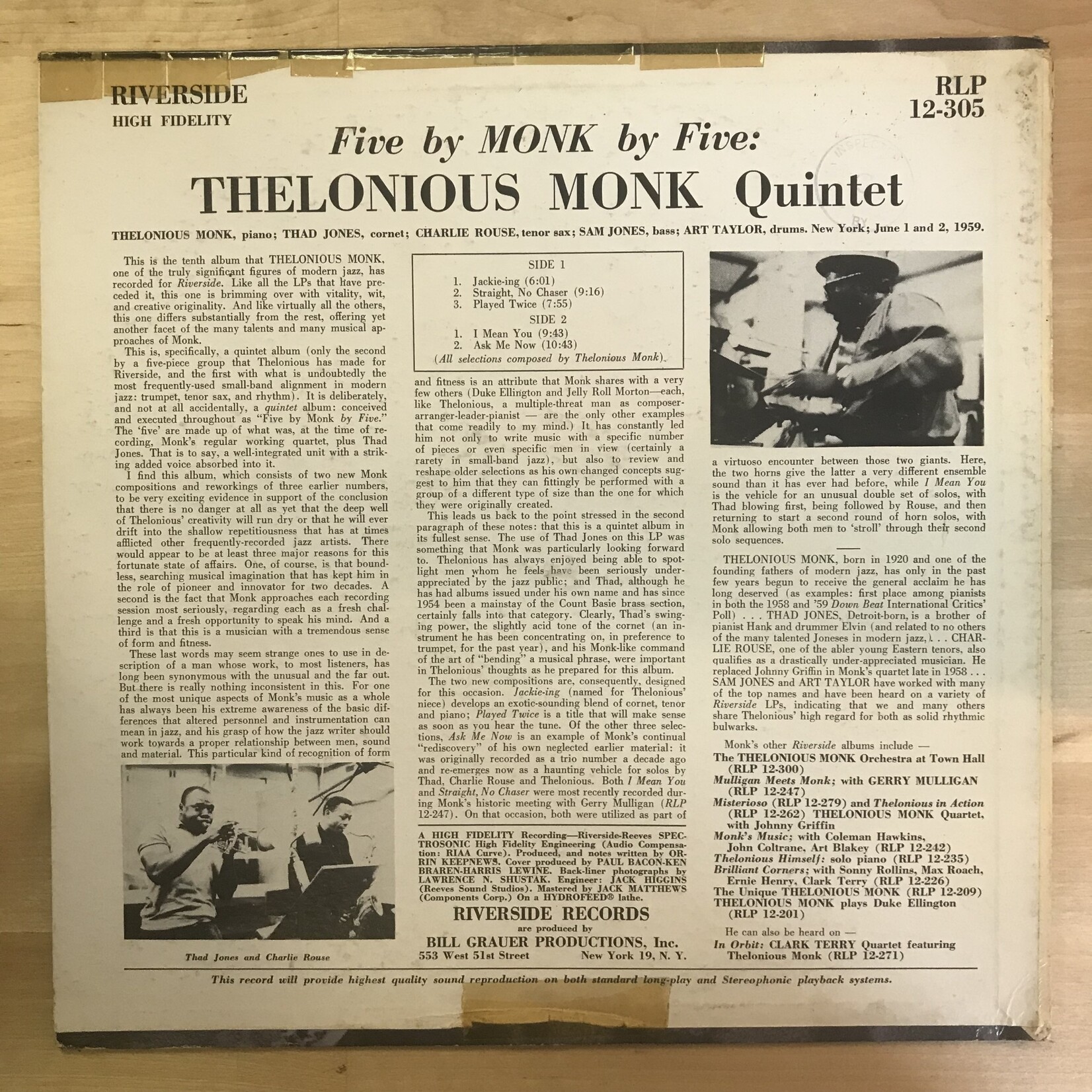 Thelonious Monk - Five By Monk By Five - RLP 12 305 - Vinyl LP (USED)