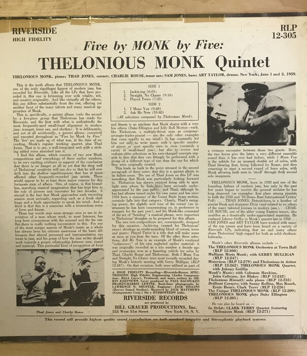 Thelonious Monk - Five By Monk By Five - RLP 12 305 - Vinyl LP (USED)