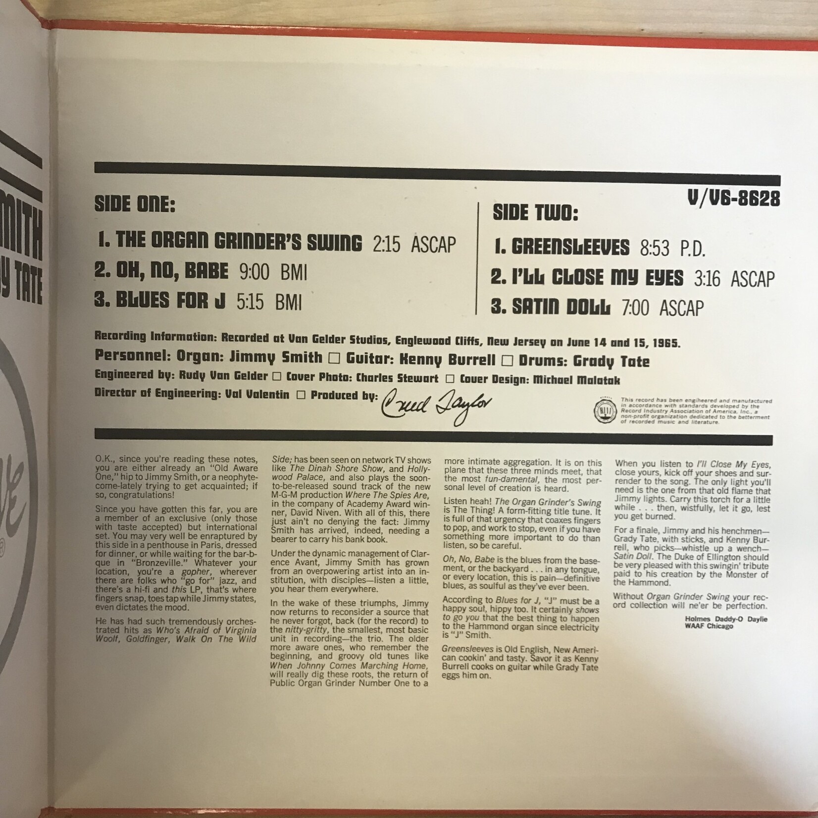 Jimmy Smith - Organ Grinder Music - V6/8628 - Vinyl LP (USED)