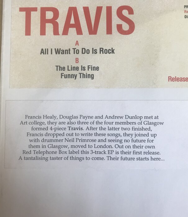 Travis - All I Want To Do Is Rock / The Line Is Fine / Funny Thing - PHONE001 - Vinyl 10-Inch Single (USED - PROMO)