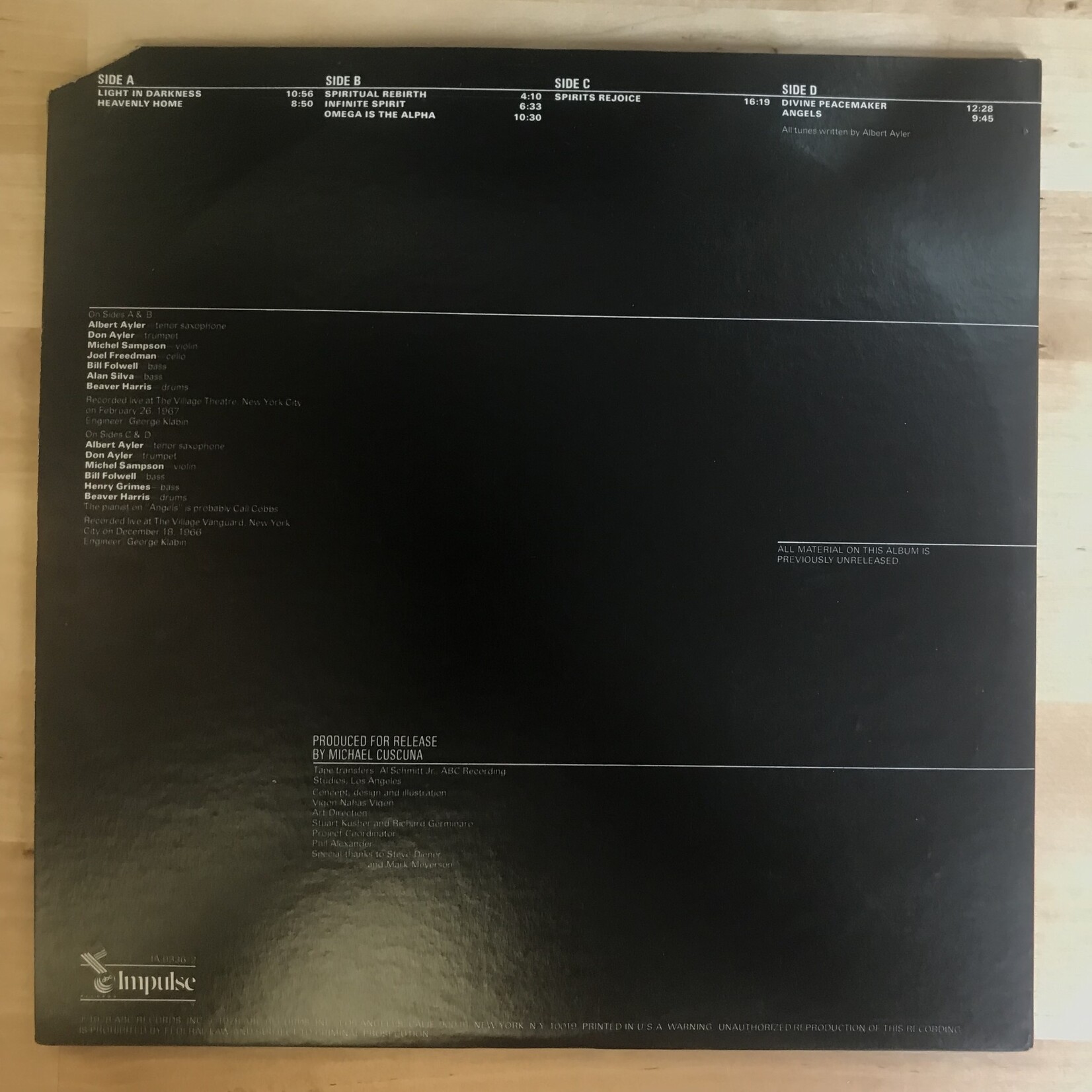 Albert Ayler - The Dedication Series / Vol. 7 The Village Concerts - IA 9336 - Vinyl LP (USED)