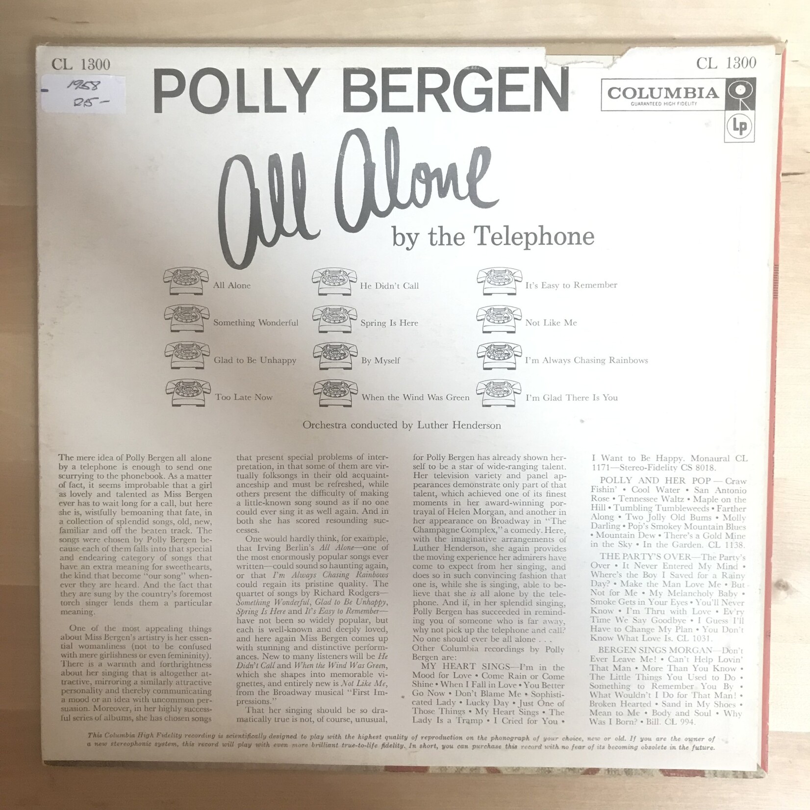 Polly Bergen - All Alone By The Telephone - CL 1300 - Vinyl LP (USED)