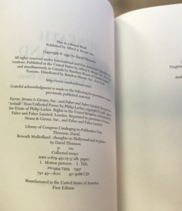 David Thomson - Beneath Mulholland: Thoughts On Hollywood And Its Ghosts - Hardback (USED - FE)