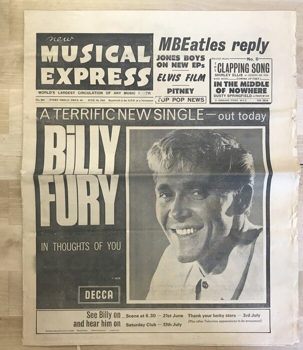 New Musical Express - June 18, 1965 (Billy Fury) - Newspaper (VINTAGE)