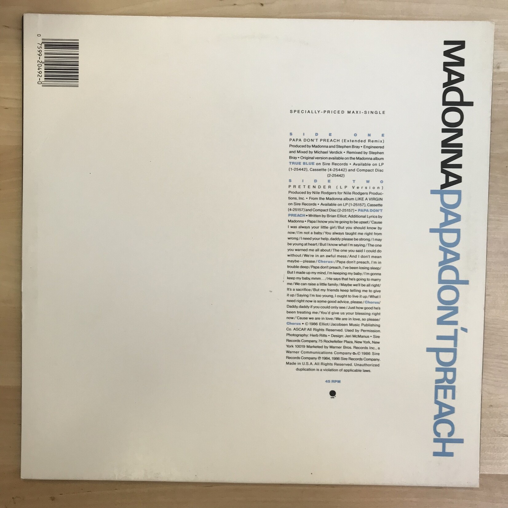 Madonna - Papa Don’t Preach - 20492 - Vinyl 12-Inch Single (USED)
