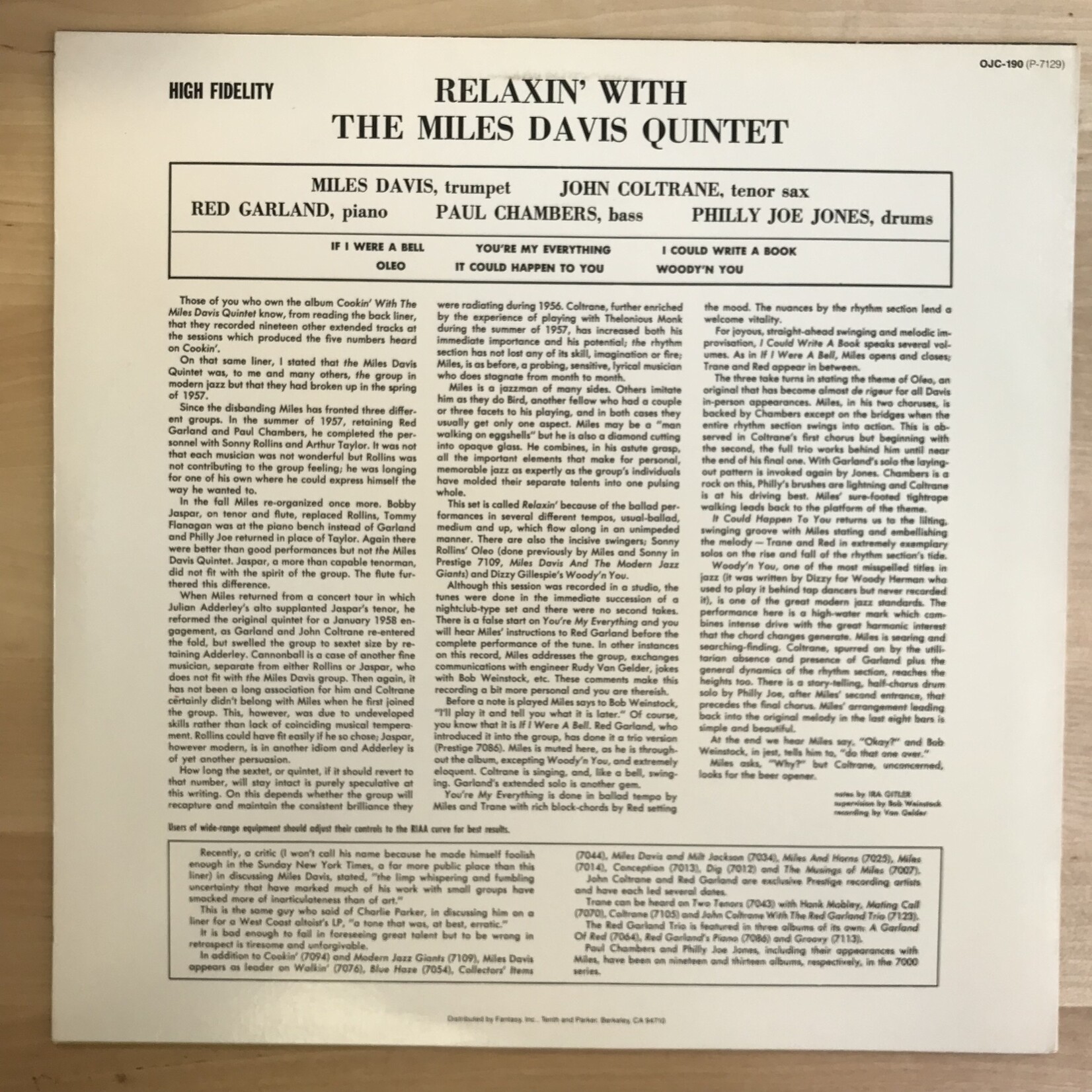 Miles Davis - Relaxin’ With (1985 RE) -  OJC 190 - Vinyl LP (USED)