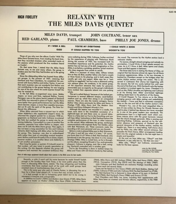 Miles Davis - Relaxin’ With (1985 RE) -  OJC 190 - Vinyl LP (USED)