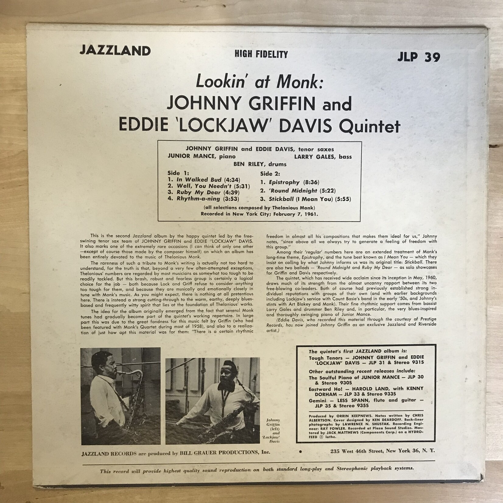Johnny Griffin, Eddie “Lockjaw” Davis - Lookin’ At Monk! - JLP39 - Vinyl LP (USED)