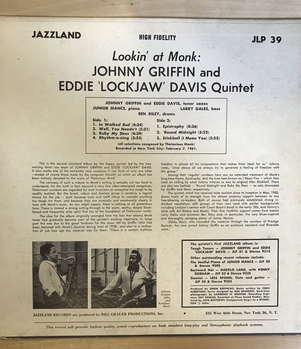 Johnny Griffin, Eddie “Lockjaw” Davis - Lookin’ At Monk! - JLP39 - Vinyl LP (USED)