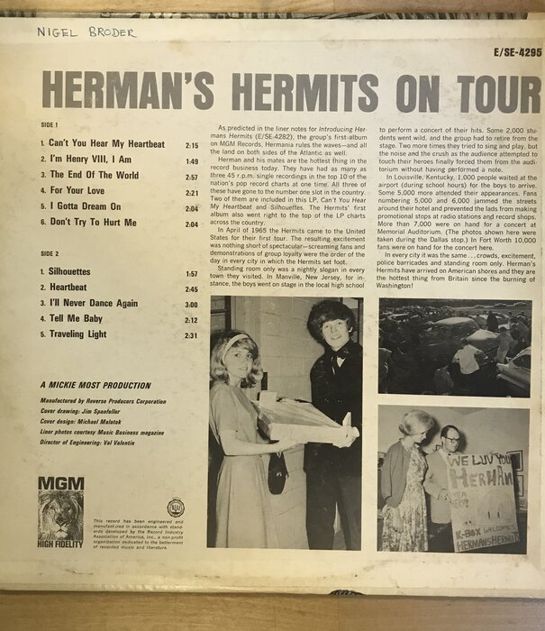 Herman’s Hermits - (Their Second Album) On Tour - SE4295 - Vinyl LP (USED)