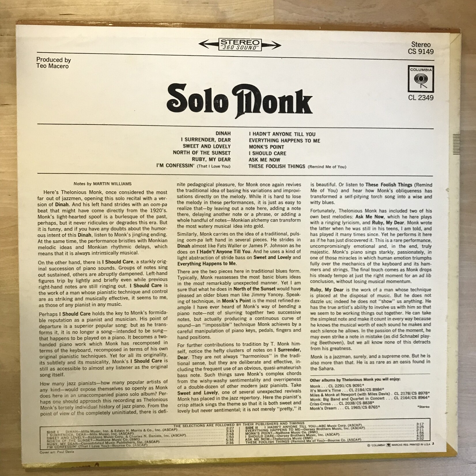 Thelonious Monk - Solo - CS 9149 - Vinyl LP (USED)