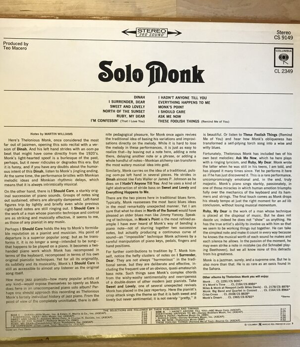 Thelonious Monk - Solo - CS 9149 - Vinyl LP (USED)