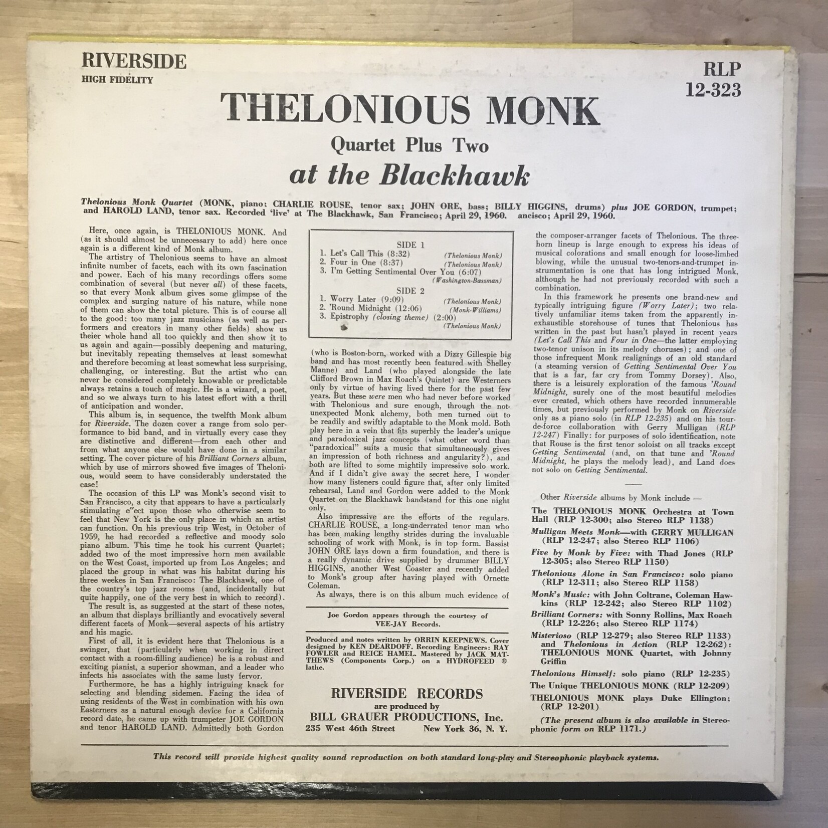 Thelonious Monk - At The Blackhawk - 12-323 (1960 MONO) - Vinyl LP (USED)