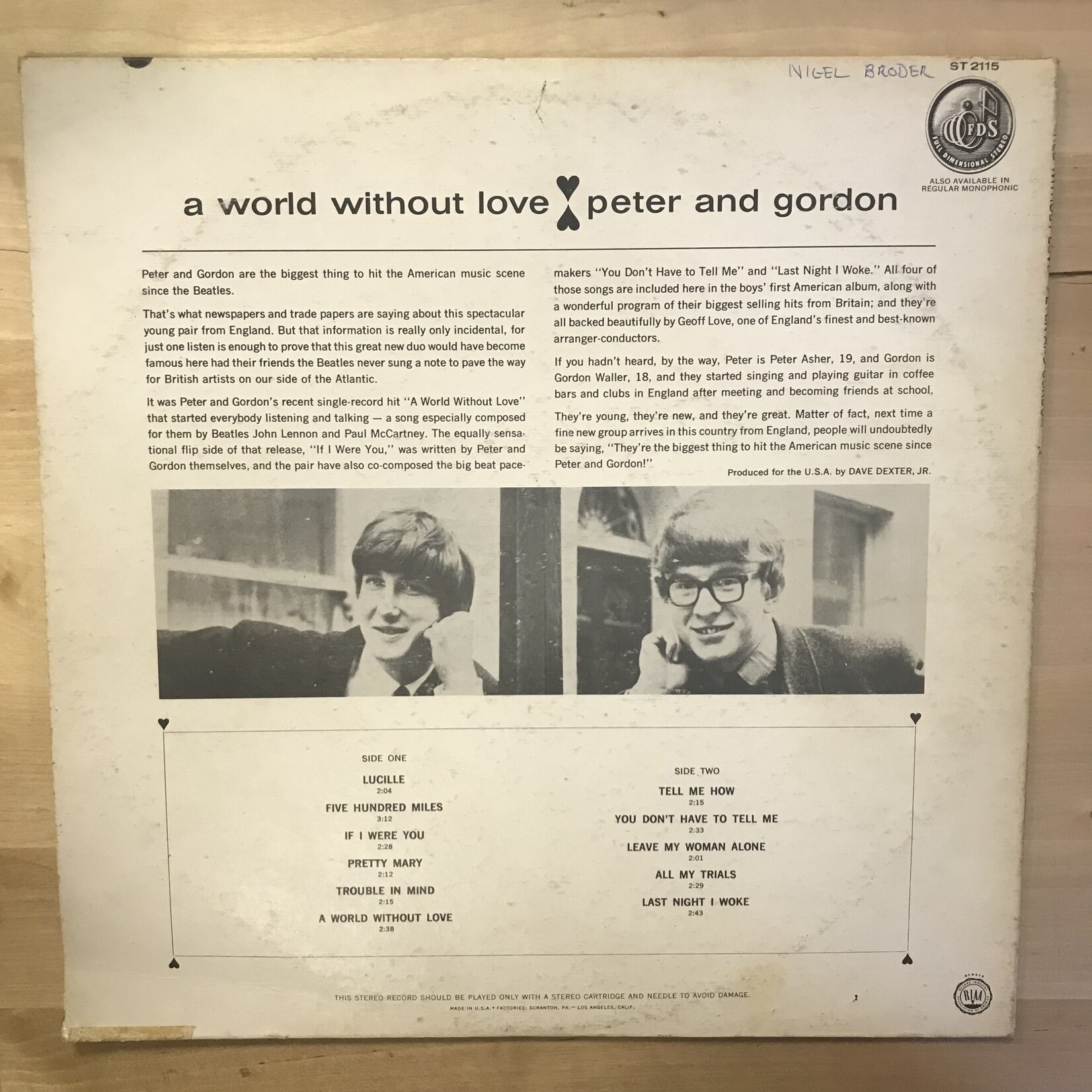 Peter And Gordon - A World Without Love - ST 2115 - Vinyl LP (USED)