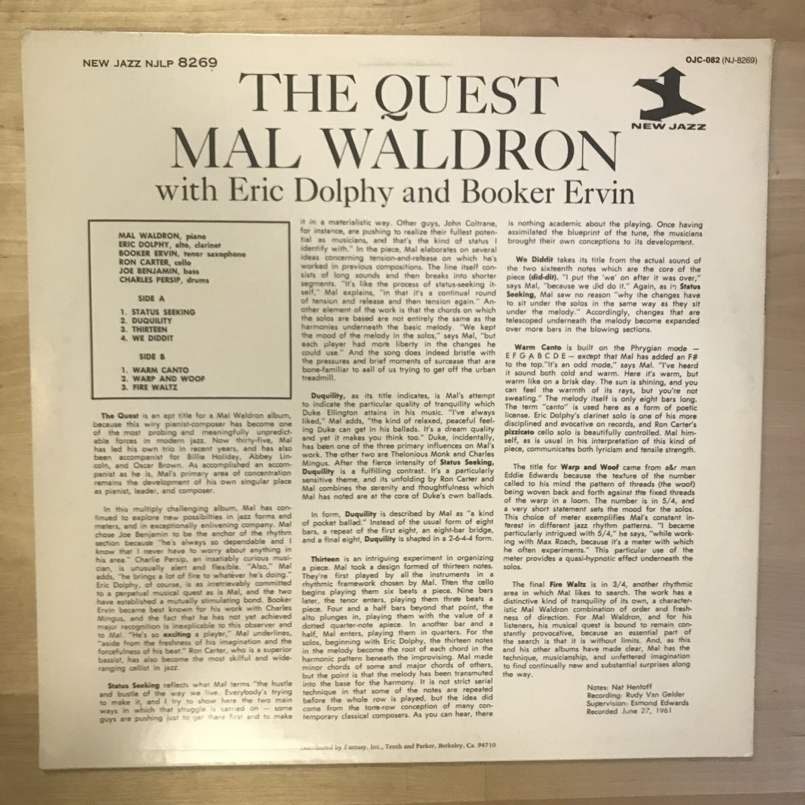 Mal Waldron (With Eric Dolphy And Booker Ervin) – The Quest (1983 RE) - OJC 082 - Vinyl LP (USED)