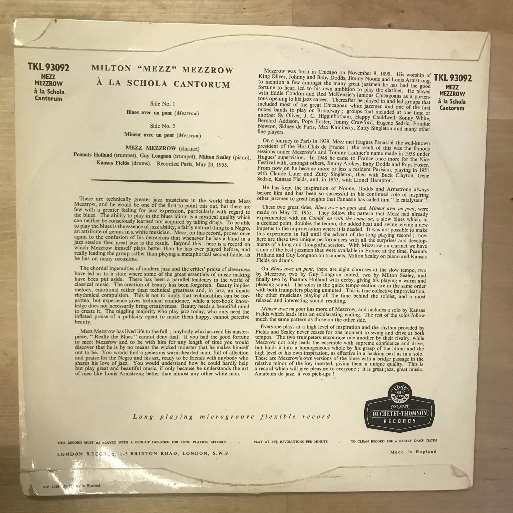Mezz Mezzrow – Á La Schola Cantorum - TKL 93092 - Vinyl LP (USED)