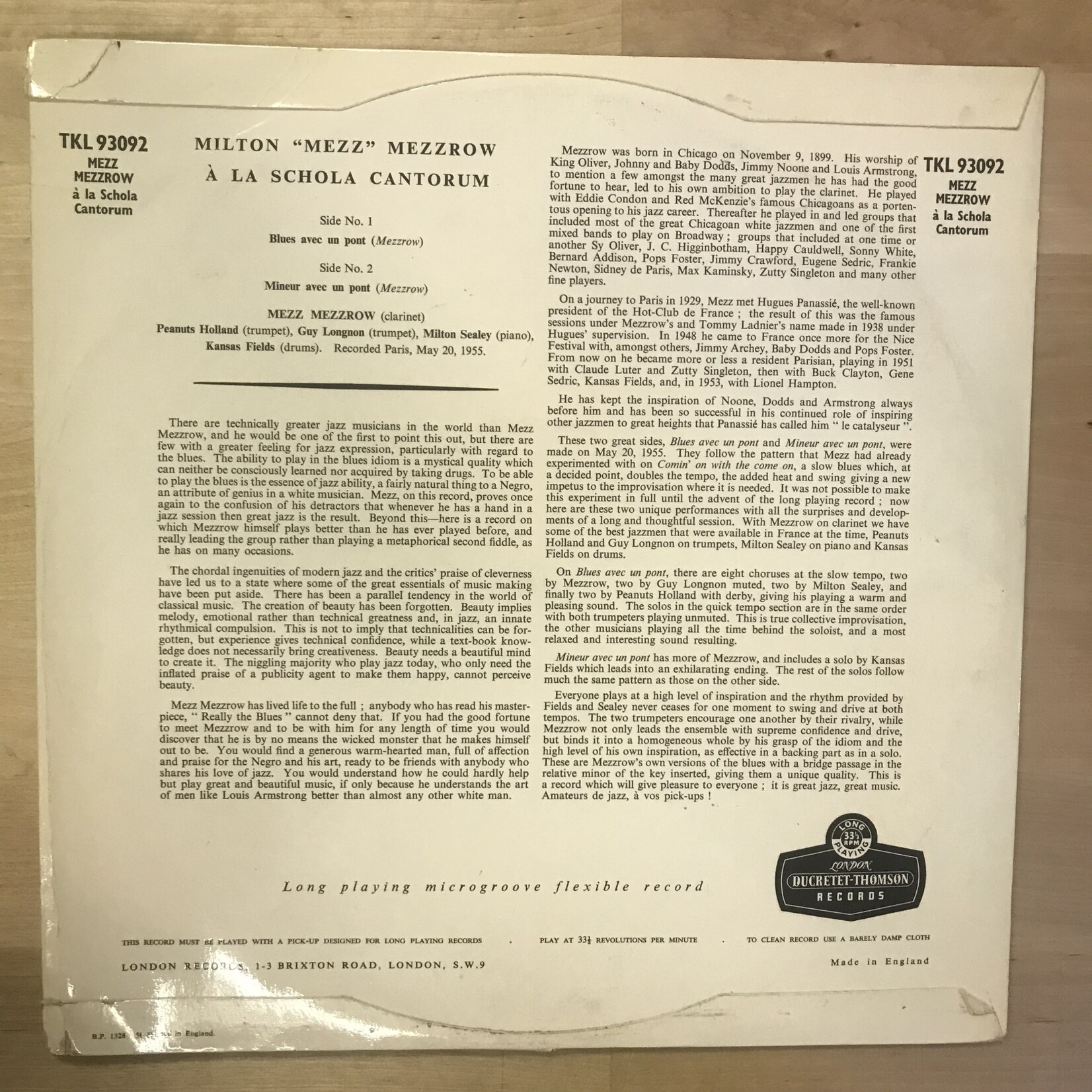 Mezz Mezzrow – Á La Schola Cantorum - TKL 93092 - Vinyl LP (USED)