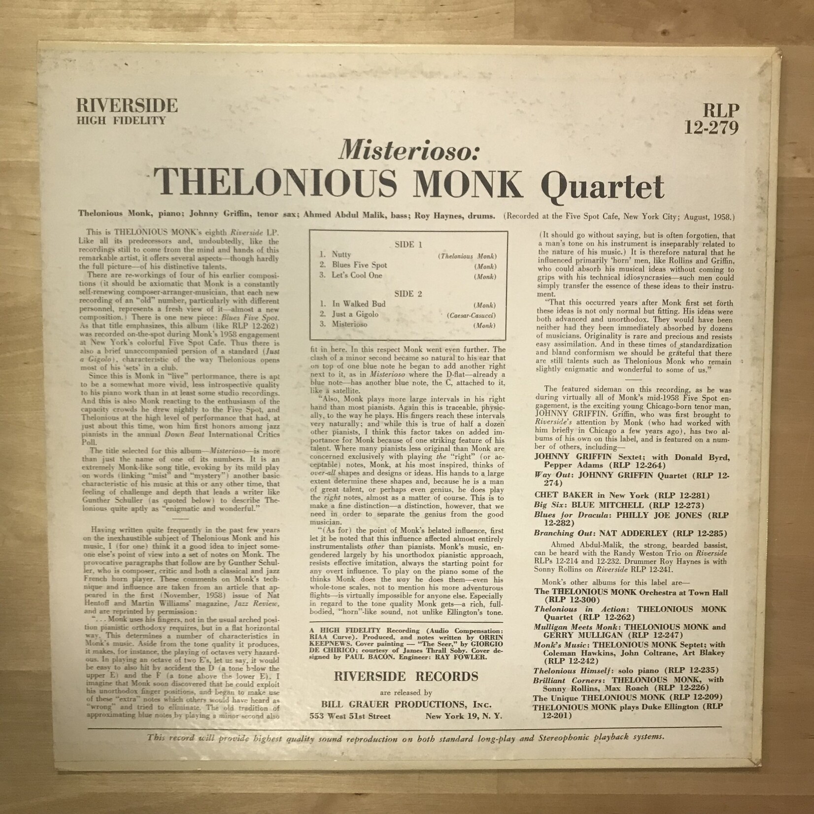 Thelonious Monk - Misterioso (1958 MONO) - RLP 12 279 - Vinyl LP (USED)